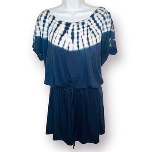 Michael Kors Navy White Tie-Dye Mini T-Shirt Dress Drawstring Jersey Dress L